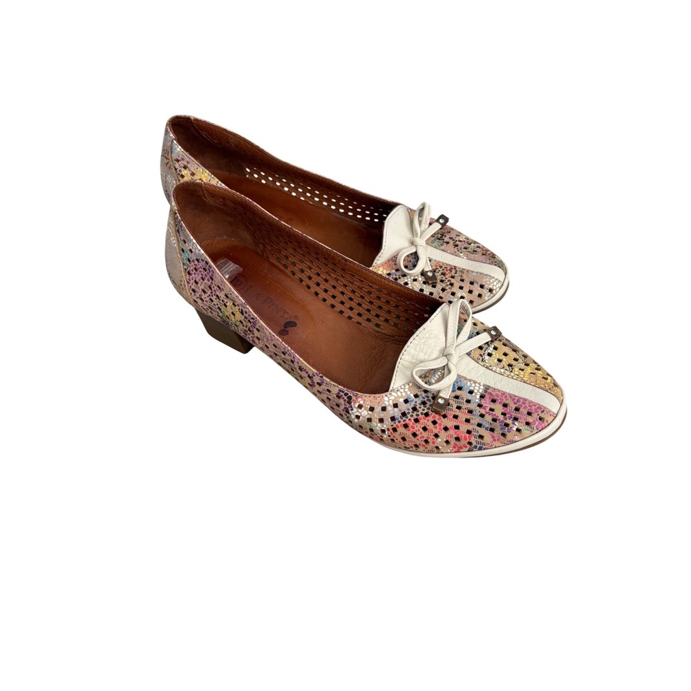La Pinta Multicolor Perforated Leather Block Heel Pumps Bow‎ Accent Size 40